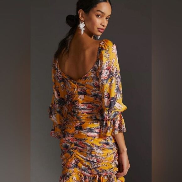 Anthropologie Ranna Gill Ruched Floral Minu Ruffle Yellow Puff Sleeve Size M - Picture 2 of 11